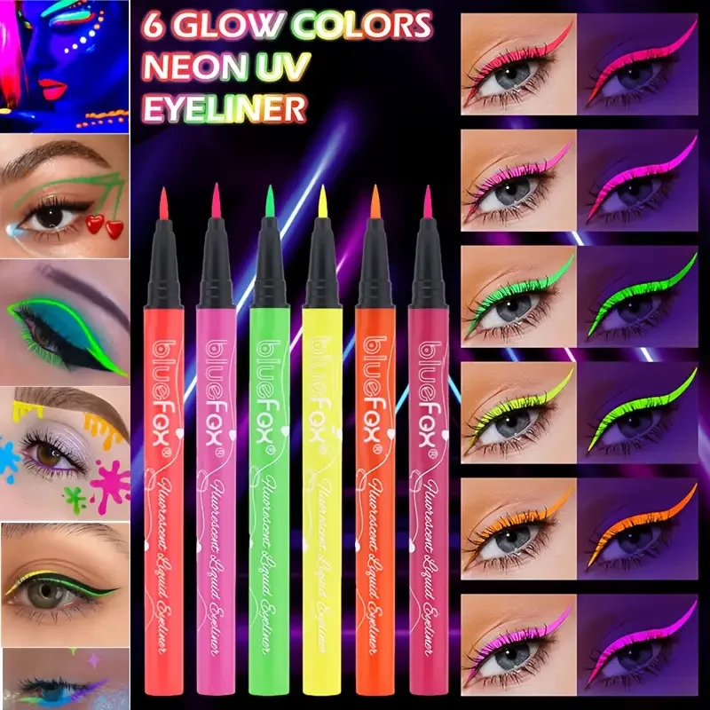 6 ชิ้นเรืองแสงในที่มืดใบหน้า,ชุดสีทาตัว,อายไลเนอร์ชนิดน้ำชิมเมอร์,แท่งแต่งหน้าเรืองแสงนีออนสำหรับวันฮาโลวีน,เทศกาลดนตรี