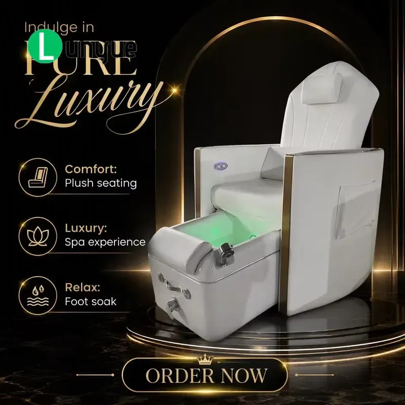 Modern White Glass Adjustable Recumbent Spa Foot Chair with Vibration Kneading 7 Color LED Light Tubeless Design for Nail