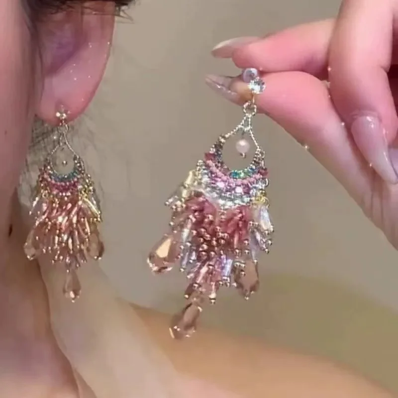Light luxury heavy industry pink crystal tassel earrings, gentle and elegant earrings, new 925 silver ear rings