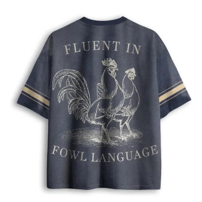 Fluent In Fowl Language Rooster Print Men V Neck Mesh Jersey Retro Farm Short Sleeve Tops