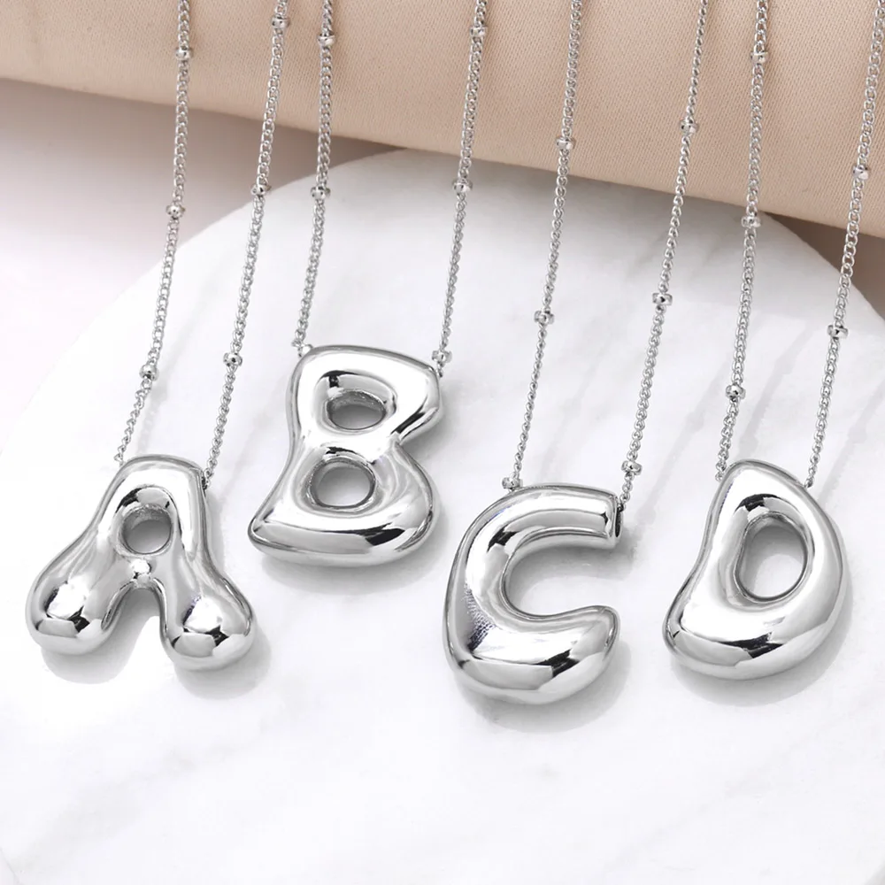 FLOLA Silver Plated Bubble Letter Pendant Necklaces For Women Initial Letter A-Z Necklace Custom Name Copper Jewelry nkeq63