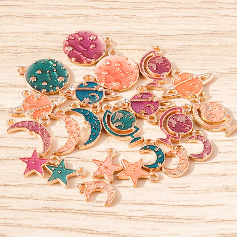 Tusember 10 Stück Emaille Galaxy Planet Mond Stern Charms Anhänger für Halsketten Ohrringe Armbänder DIY Schlüsselanhänger Schmuckzubehör – Detail 5