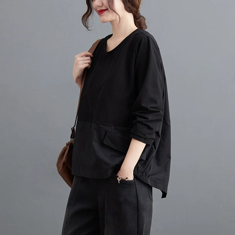 Loose Long Sleeve Base Shirt Pure Color Back Slant Door Buckle Versatile T-Shirt Autumn New Style Women's Cotton Silk Shirt