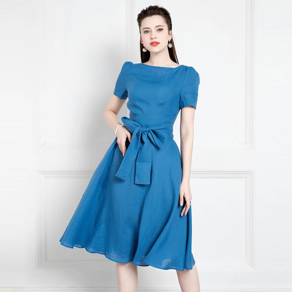 

High End Celebrity Hepburn Dress Summer New Retro Style Linen Lady French Dress