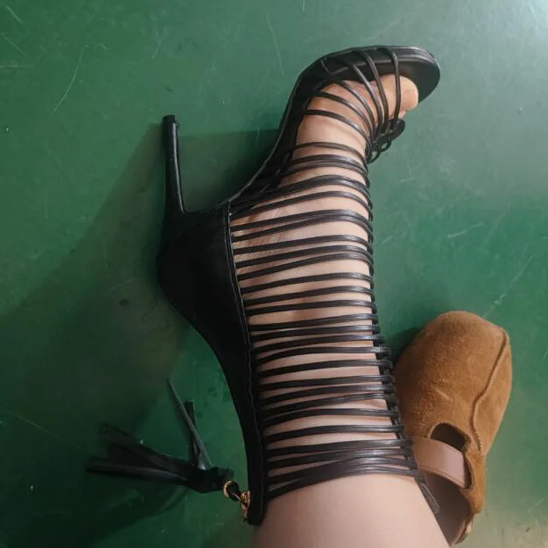 

Hot Women Black White Solid Tassel Zipper Strappy Sandals Summer Round Open Toe Narrow Band Gladiator Thin Heels Mid-calf Boots