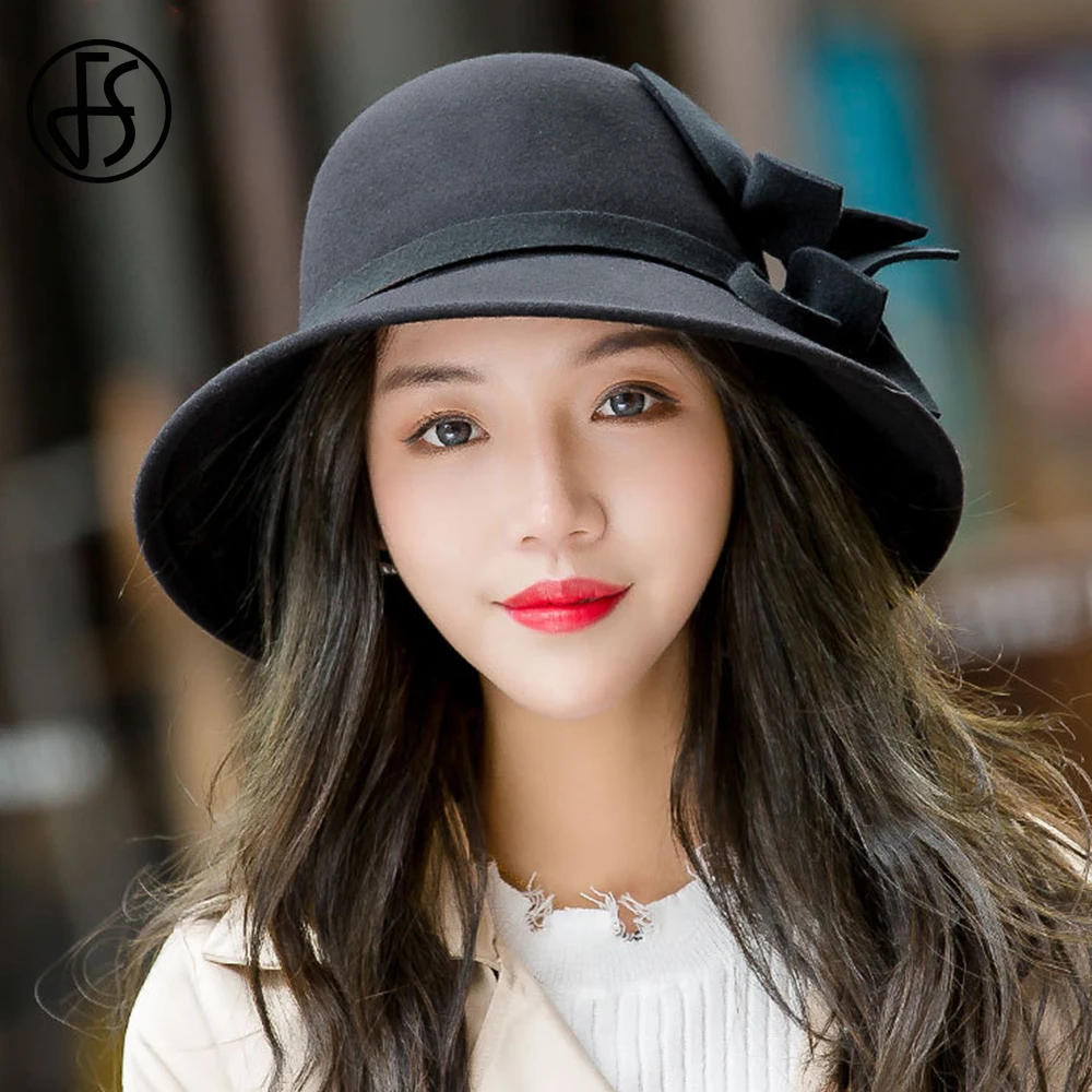 FS 2024 Red Woolen Fedoras Elegant Church Winter Hats for Woman Flower Big Brim Bucket Cap Fashion Female Wedding Fisherman Hat