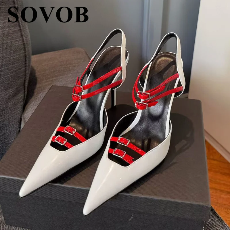 Pointed Toe British Style Narrow-Band Pumps Women's Patent Leather Back Strap Sandals Exposed Heels Spring Banquet Dress Shoes