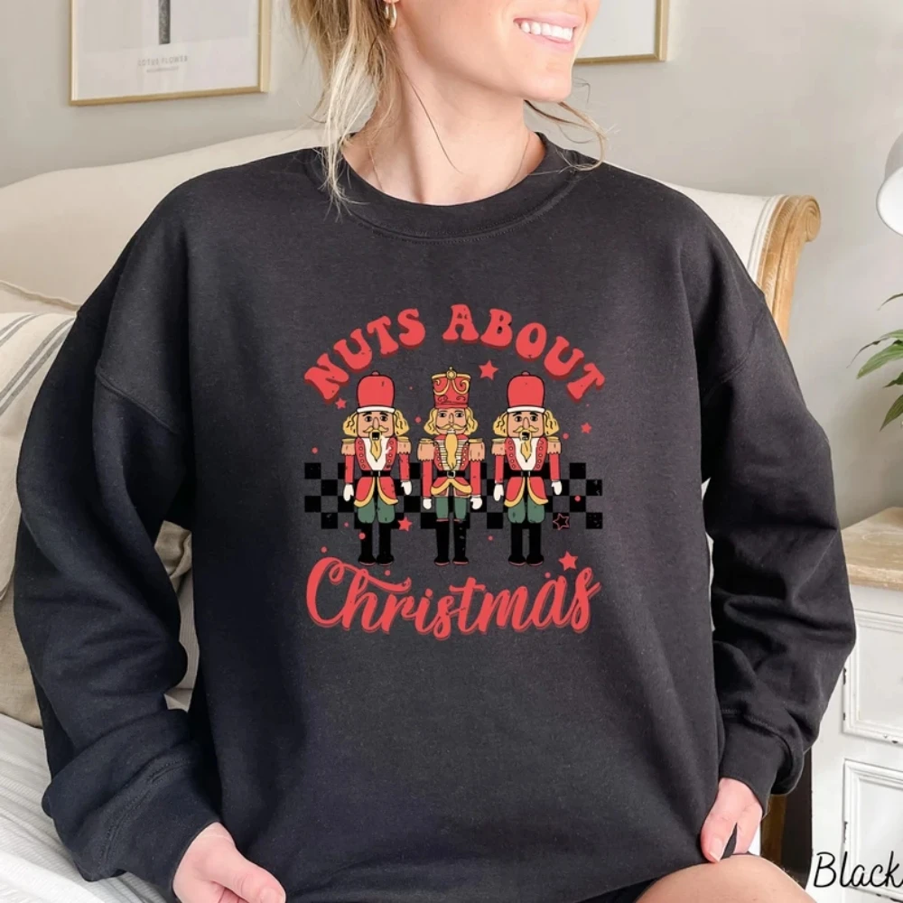 Nuts About Christmas Nutcracker Sweatshirt Christmas Party Retro Tee Holiday Apparel Cute Funny Shirt Winter Women Clothes