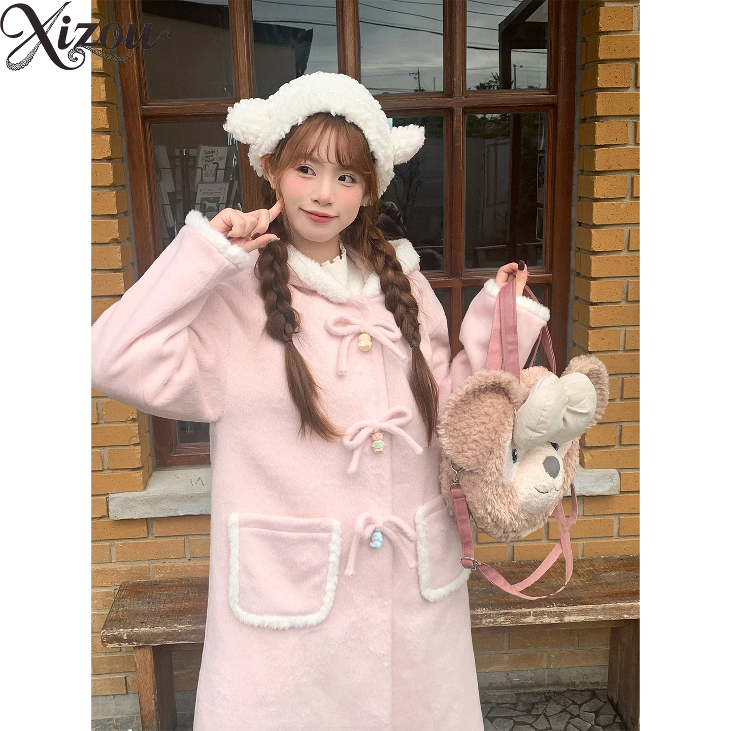 الحلو كلية الوردي Bowknot مقنعين الصوف مبطن معطف المرأة الخريف الشتاء منتصف طول فضفاض عادية سميكة الدافئة ملابس خارجية الدانتيل متابعة