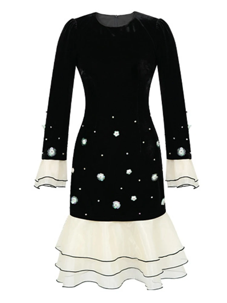 Elegant Birthday Cocktail Party Cake Dress Women\'s Clothing French Lovely Sequins Flower Diamond Robe Catwalk Vestidos Fiesta