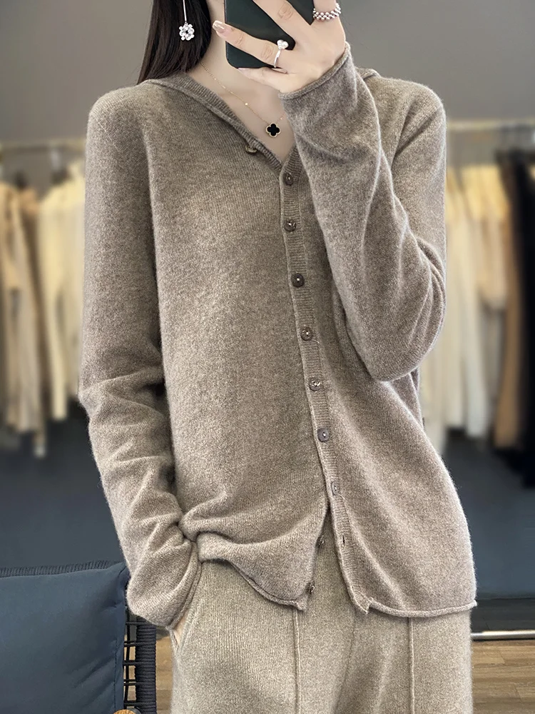 Felpe con cappuccio da donna 100% lana Merino maglione solido manica lunga Casual Cardigan allentato maglieria in Cashmere moda coreana nuovi top in maglia