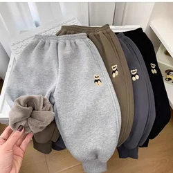 2-10Y Boys Grey One-piece Velvet Cotton Pants Winter Children's Clothing Thick Woolen Warm Trousers Leisure Sports Pants Kids