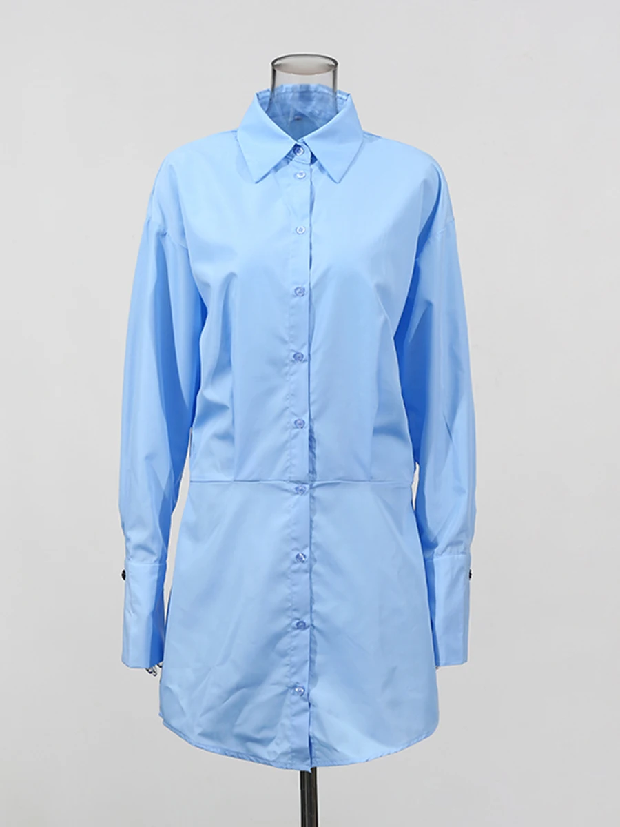 CHICEVER Camicia da donna con temperamento di colore blu Abito con risvolto Manica lunga Bottoni impiombati Casual Versatile Abiti corti Donna Nuovo