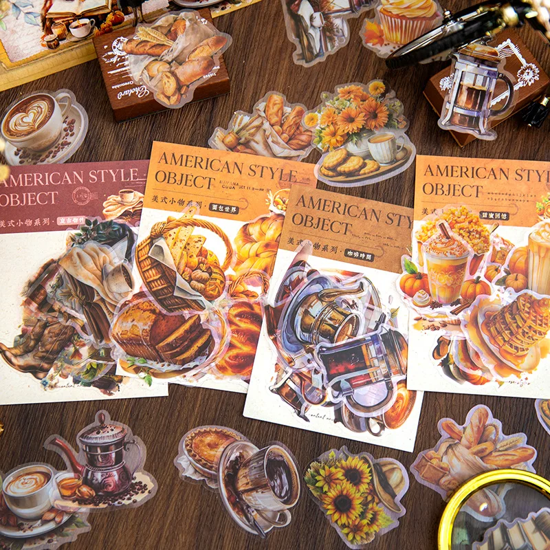 40Pcs/pack Vintage Bread Coffee Items Stickers Scrapbooking Planner PET Transparent Sticker DIY Handmade Junk Journal Supplies