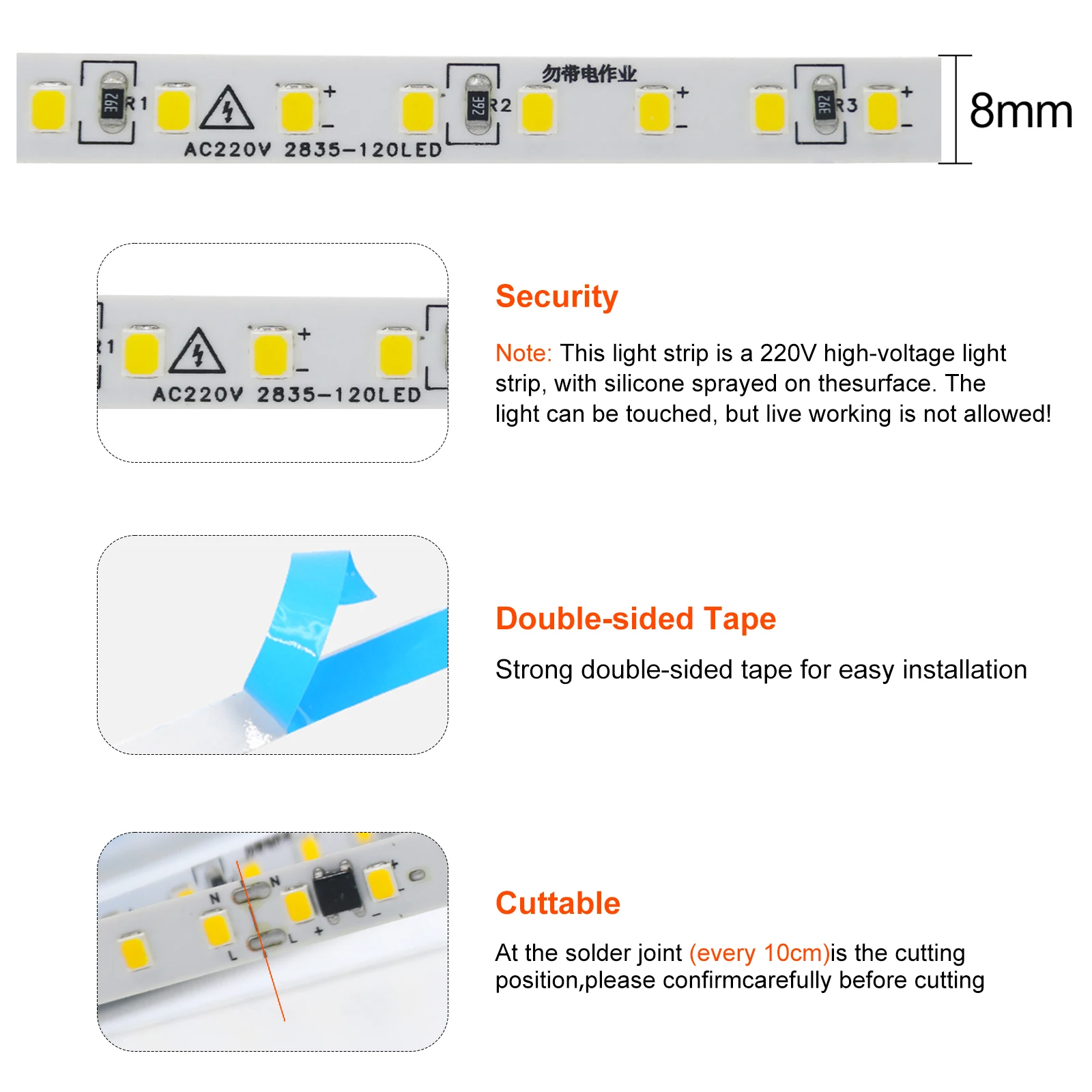 5M 10M 20M 50M AC220V LED Strip Light 2835 120LEDs 8mm Width Flexible Home Lamp With Adhesive Tape Led Light Warm/Natural/White