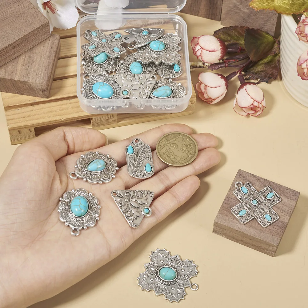 16Pcs Bohemian Pendants Antique Silver Color Geometric Synthetic Turquoise Charms for DIY Earrings Necklace Women Jewelry Making