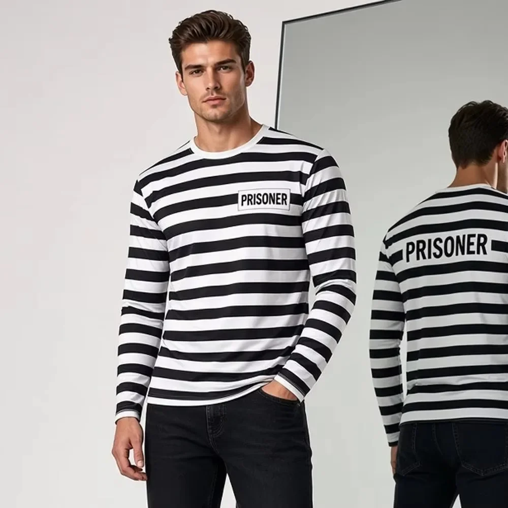 Black White Striped Prison Long Sleeve T-Shirt Funny Halloween Cosplay Prisoner Costume Men Women Fashion Crew Neck Unisex Tops