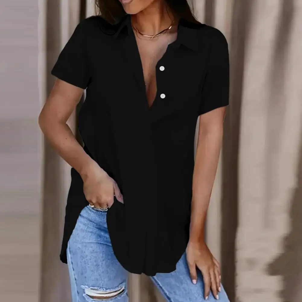 Blusa de Color liso para mujer, camisa elegante con cuello en V para oficina, Jersey holgado de manga corta para verano