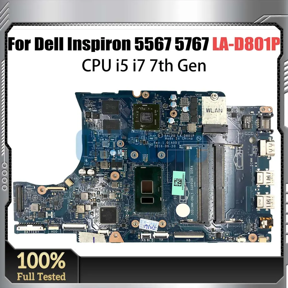 

Laptop Motherboard For DELL Inspiron 15 5567 17 5767 CN-0KFWK9 0KFWK9 LA-D801P Notebook Mainboard With I5-7200U I7-7500U