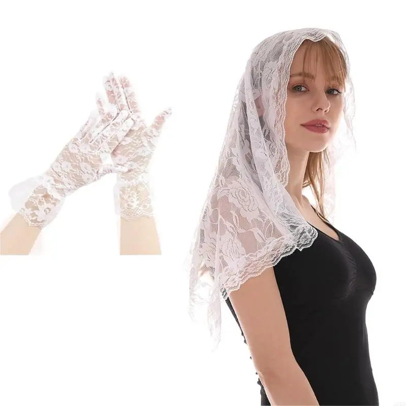 270D Women Floral Lace Glove Bridal Wedding Veil Hair Accessories for Wedding Cosplay