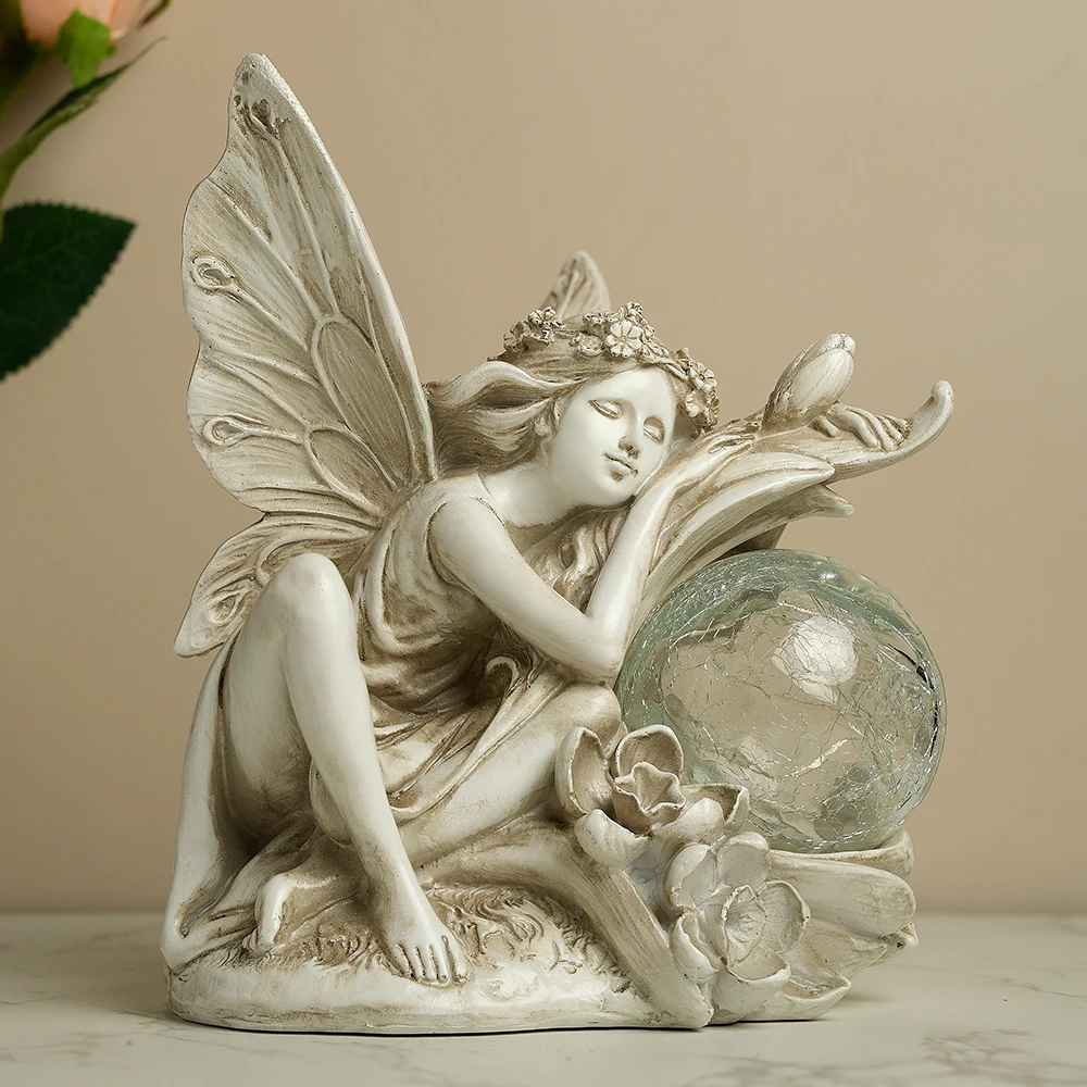

Солнечная сказочная садовая статуя с крыльями бабочки, потрескавшиеся стеклянные шаровые светильники-наружный домашний декор, украшение ангела для патио, дома