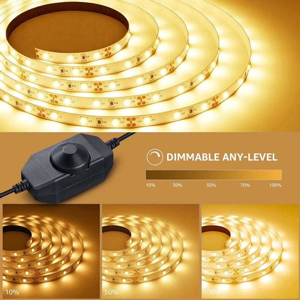 LED Light Strip 24V Power Supply with EU Plug Knob Dimmable Flexible Adiustable, Suitable 120LEDs/M Switch Double-sided Tape