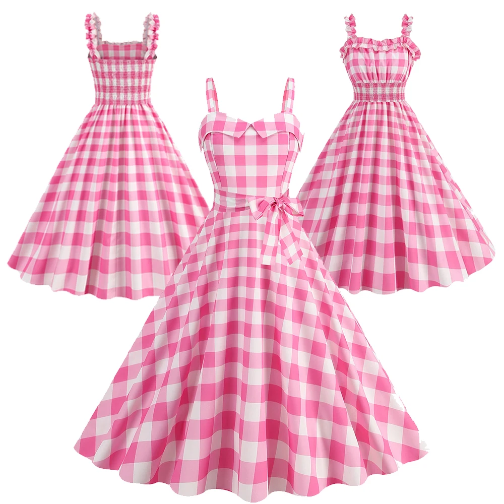 Castone Cosplay gioco di ruolo rosa Plaid pizzo gonna grande orlo vestito film Barbei Costume travestimento donne adulte vestito operato panno del partito