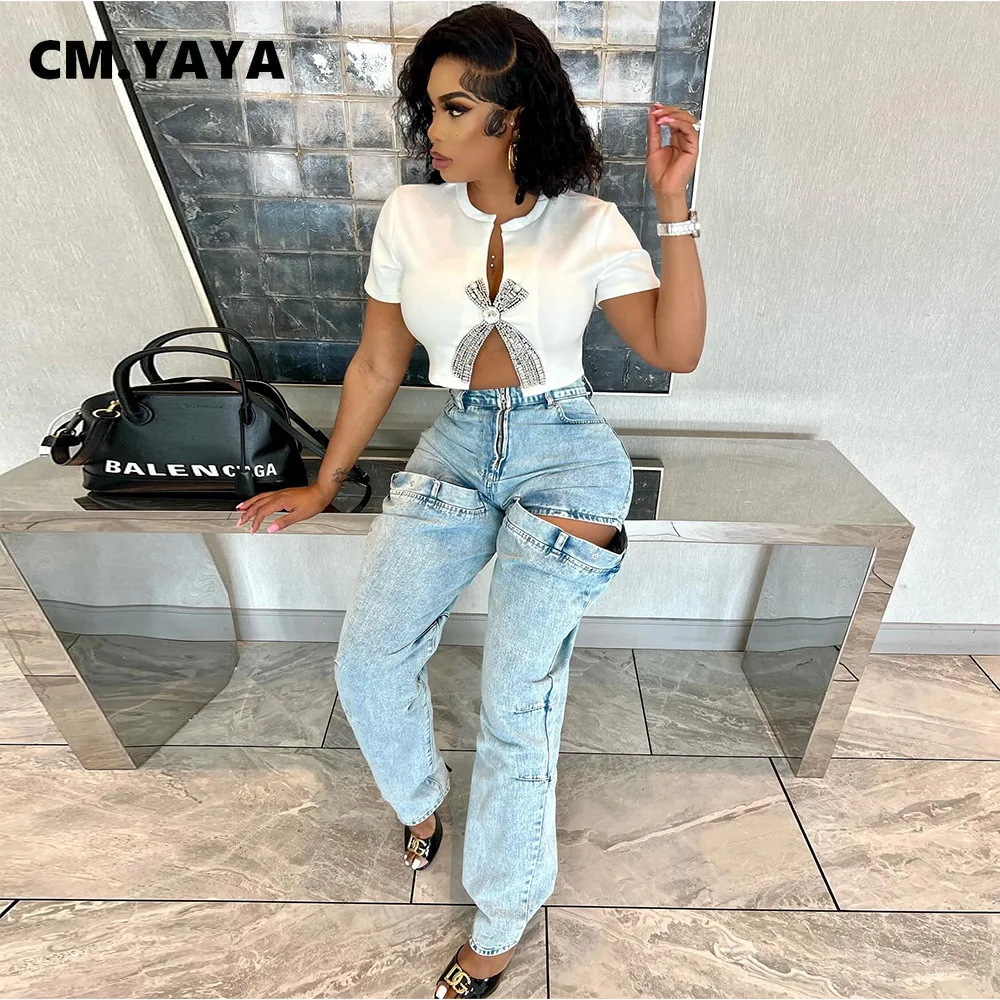 CM.YAYA Women Fashion Diamonds Hot Rhinestones Bowknot Short Sleeve T-shirt Streetwear Elastic INS Tee Tops