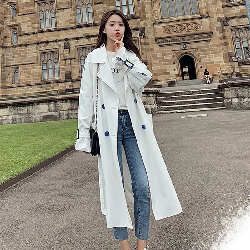 

Korean Stripe Color Matching White Windbreaker With Belt Autumn Lapel Double-breasted Long Sleeve Mid-Length Women Trench Coat