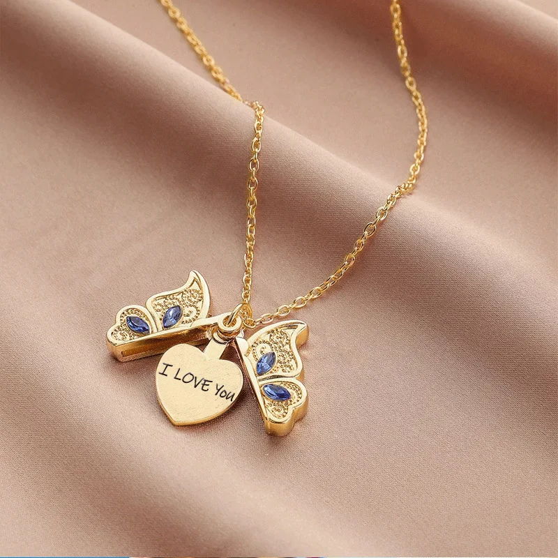 European and American Fashion Butterfly Necklace for Women I Love YOU Necklace Can Open Pendant Women\'s Jewelry Accessories