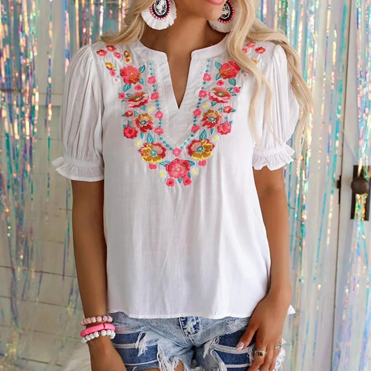 

TEELYNN Cotton Floral Embroidery Blouses Shirt Casual Pufff Sleeve Blouse Tees Summer Ethnic Hippie Loose Boho Beach Blusas Tops