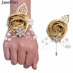 JaneVini Broche Flor Crystal Pearl Groom Boutonniere Wedding Gold Suit Flowers Pin k corpetto Buttonhole Pin Satin Rose Men spilla