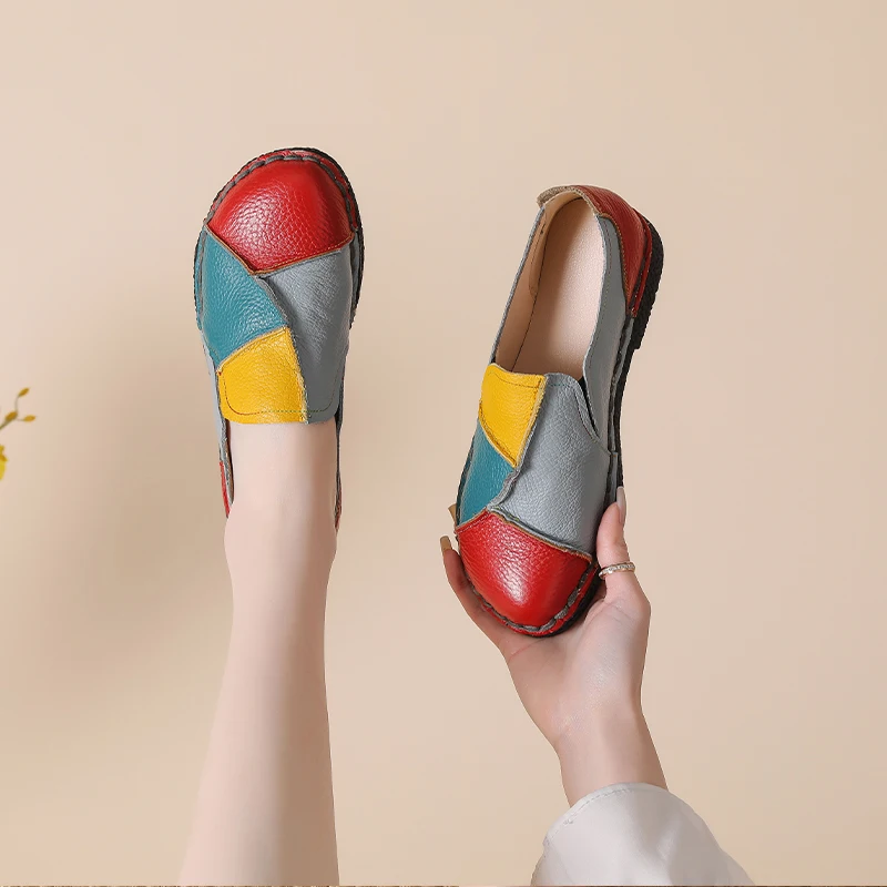 

Ethnic Handmade Patchwork Leather Flats Ladies Color Block Non Slip Comfy Shoes Long Walks Casual Walking Moccasins Women Loafer