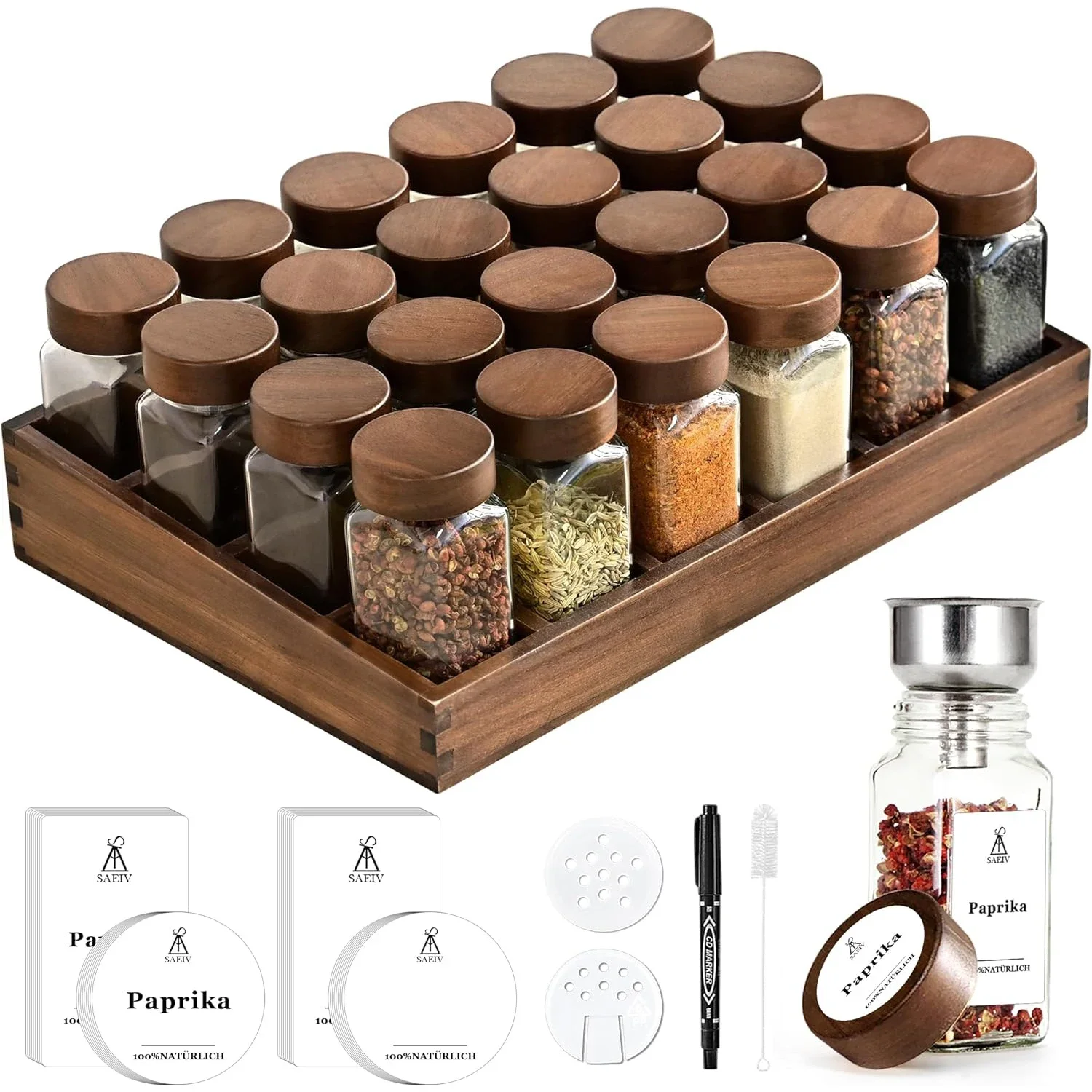 Acacia Wood Spice Rack With 12/24x120ml Spice Jars & Labels| Kitchen Organiser, Easy To Move For Storing Spices