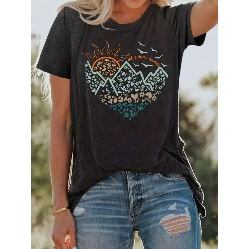 Camiseta con estampado 3D de amanecer en la playa, moda europea y americana, versátil, moderna, cómoda, para actividades al aire libre en el hogar, manga corta