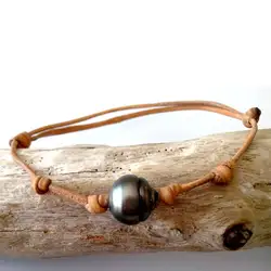 Tahitian pearl, woman bracelet, adaptable leather, australian leather natural