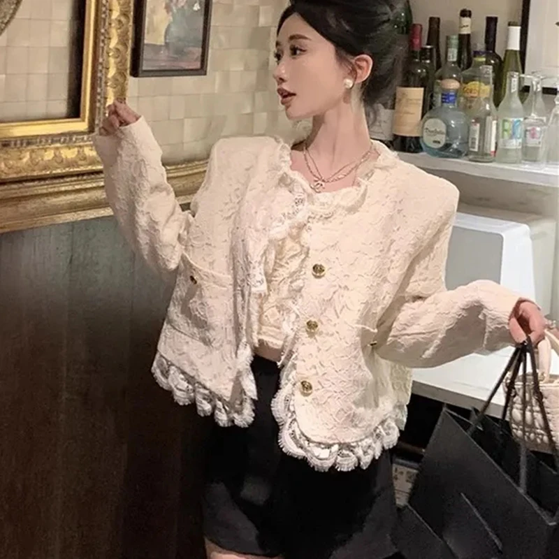 Korean Jacquard Lace Jacket Women Spring Fall Long Sleeve Commuter Coat White Gentle Patchwork Office Lady Crop Top