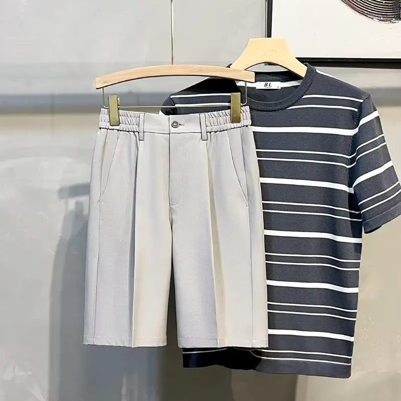 2024 Summer Business Casual Fashion Minimalist Solid Color Versatile Elastic Waist Pocket Oversized Thin Breathable Suit Shorts