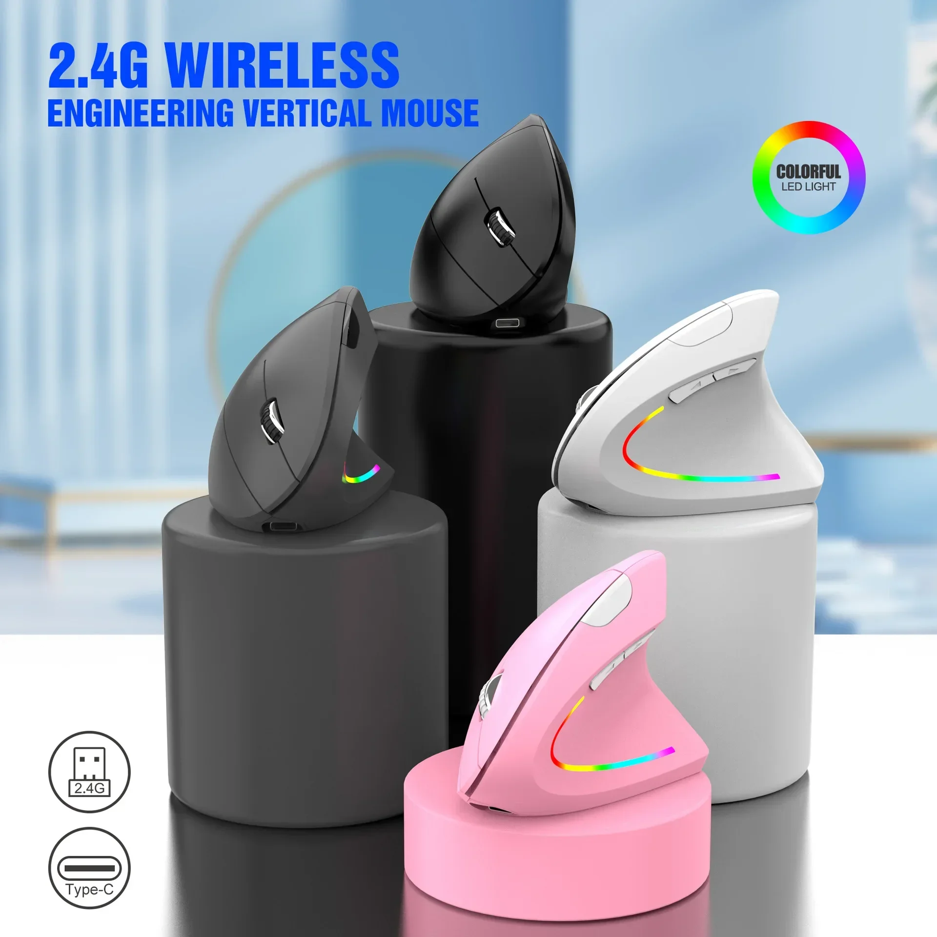 Ergonomic Vertical Mouse RGB USB Optical 2.4G Wireless Mause Gaming Right Hand Pink Silent Mice For Laptop PC Gamer Computer