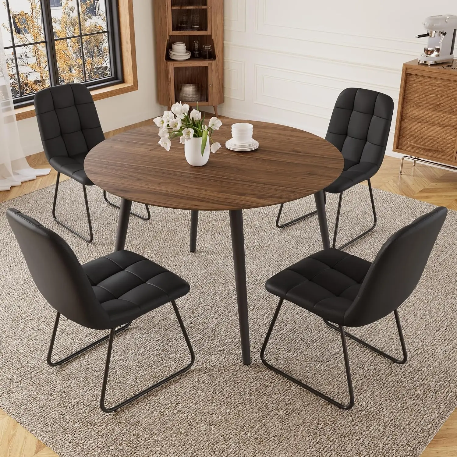 Round Dining Table Set, Seats 4, Walnut Table and Four Black PU Chairs