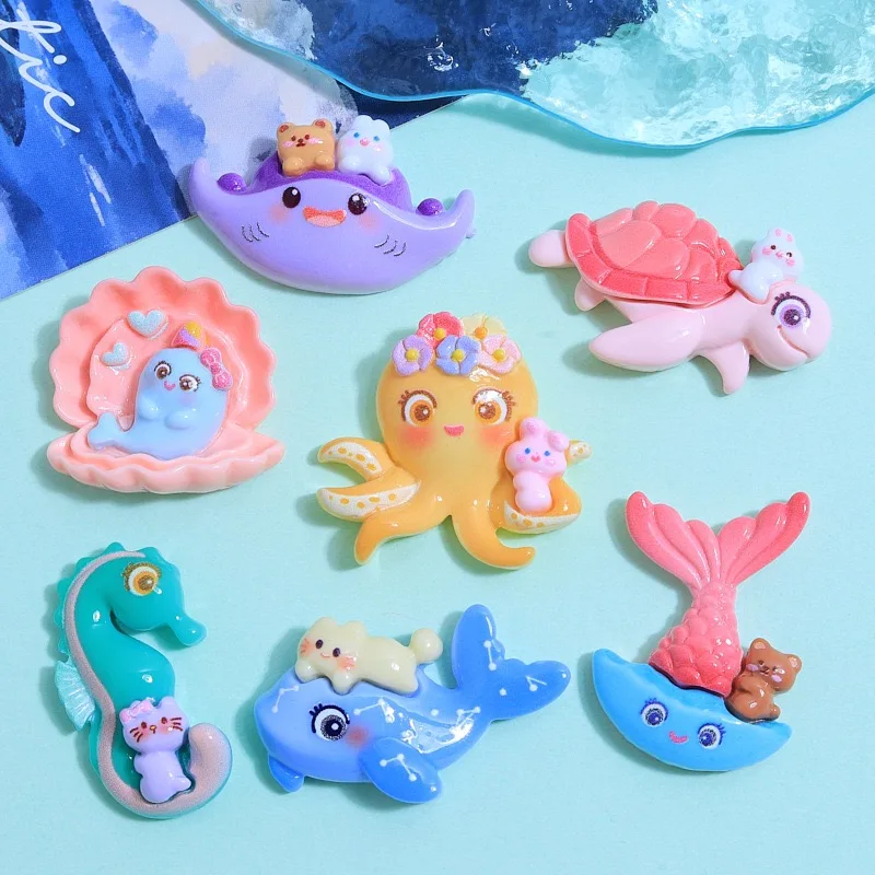 10 Uds. Nuevo Mini cabujones de resina con parte posterior plana de concha, tortuga, pulpo, caballito de mar, ballena, decoración artesanal de joyería DIY