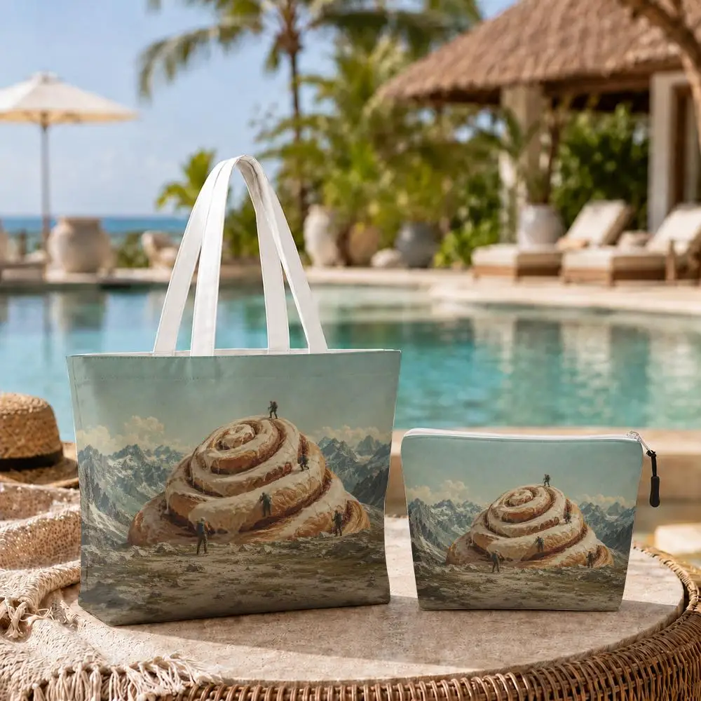 Funny Giant Bread Mountain Storage Bags 2-Pcs Canvas Tote Bag with Zipper Reusable Tote Bags for Shopping Travel Work Gifts