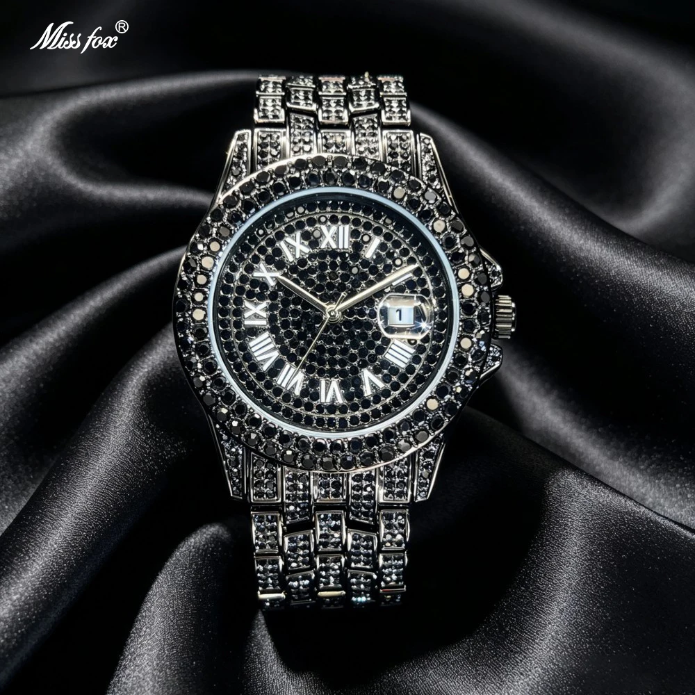 Missfox Iced Out Full Black Diamond Watch Roman Numeral Dial Calendar Quartz Wristwatch Hip Hop Luxury Alloy Steel Band Business Men Clock Gift Local Store