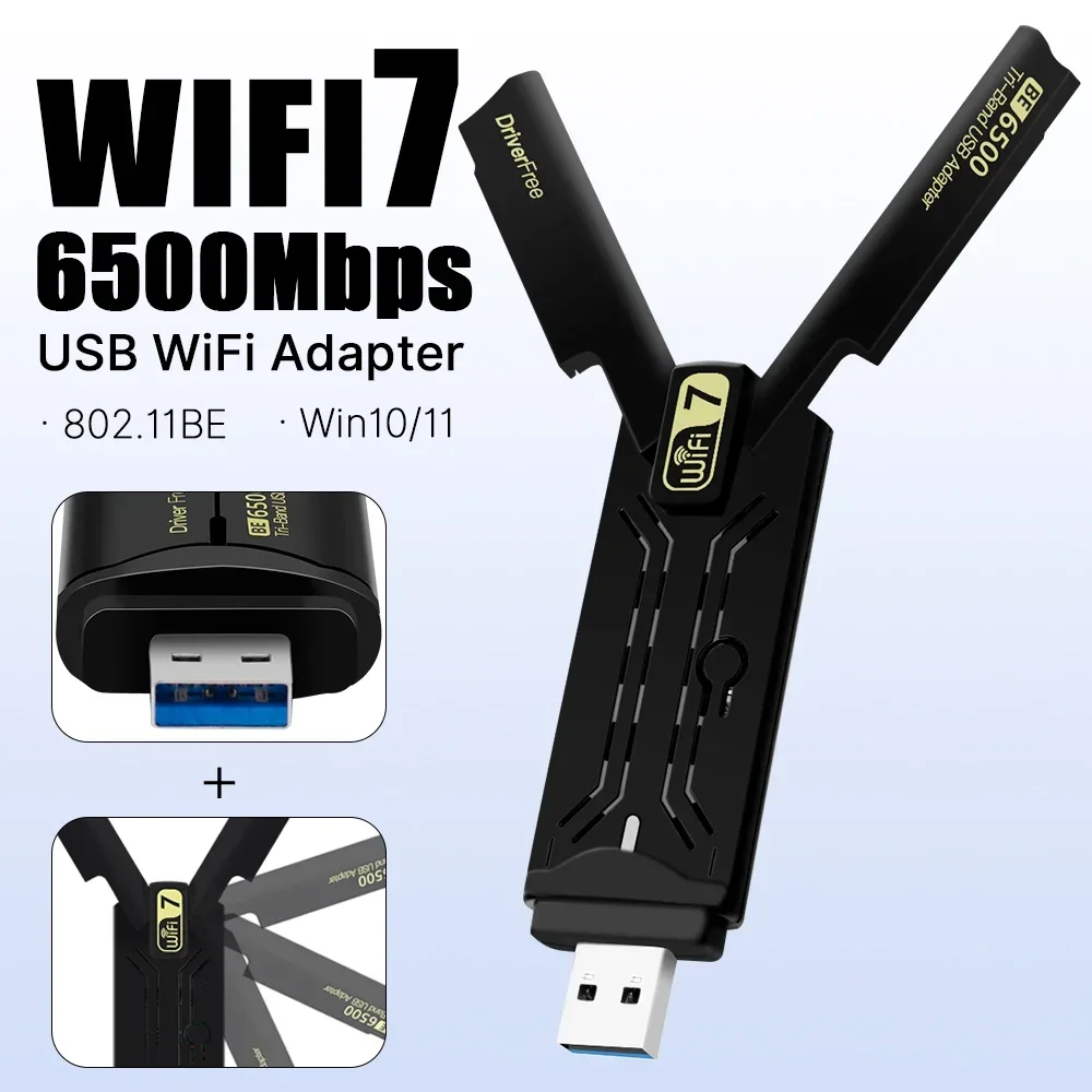 WiFi 7 USB WiFi Card BE6500 6500Mbps USB3.0 802.11BE WiFi Dongle 2.4G/5G/6GHz Network Card For Win10/11 Driver Free