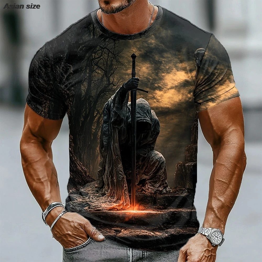 Men's Dark Warrior 3D Print T‑Shirt Mysterious Knight Pattern Crew Neck Short Sleeve Casual Party Tees