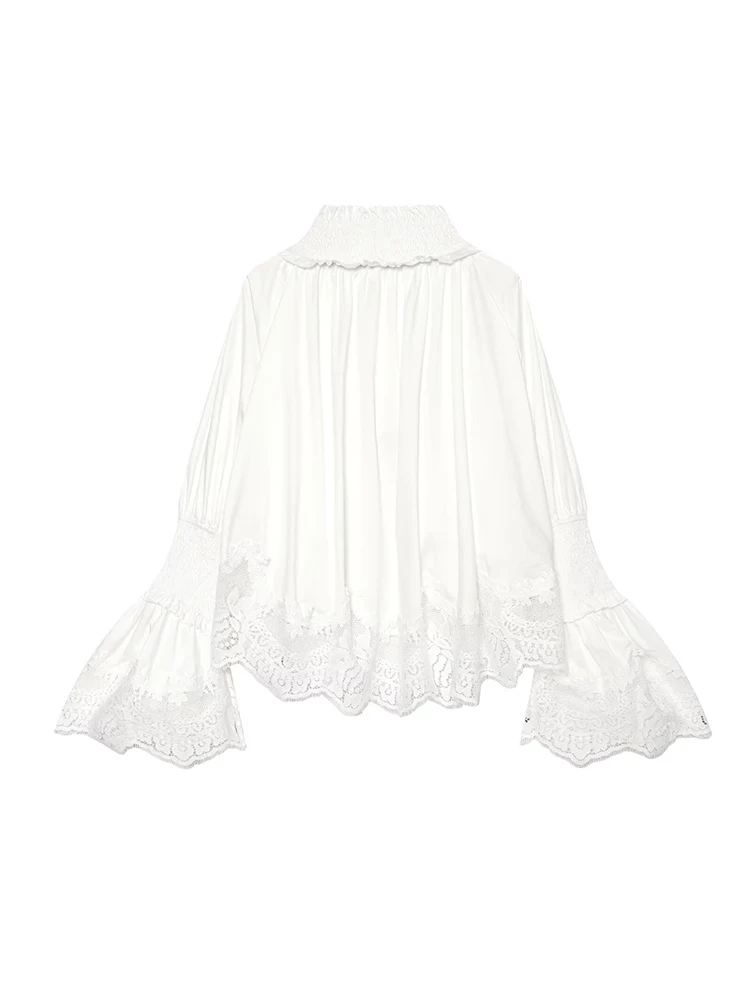 TFMLN Women's Lace Embroidery Blouse 2026 Elegant Stand Collar Long Flare Sleeve Lace-up Loose Vintage Party Shirt Summer New - view 3