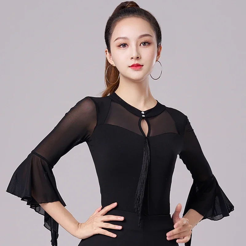 

New Black Mesh Sleeved Modern Dancing Top Female Ballroom Dance Competition Tops Latin Dance Top Stage Training Wear