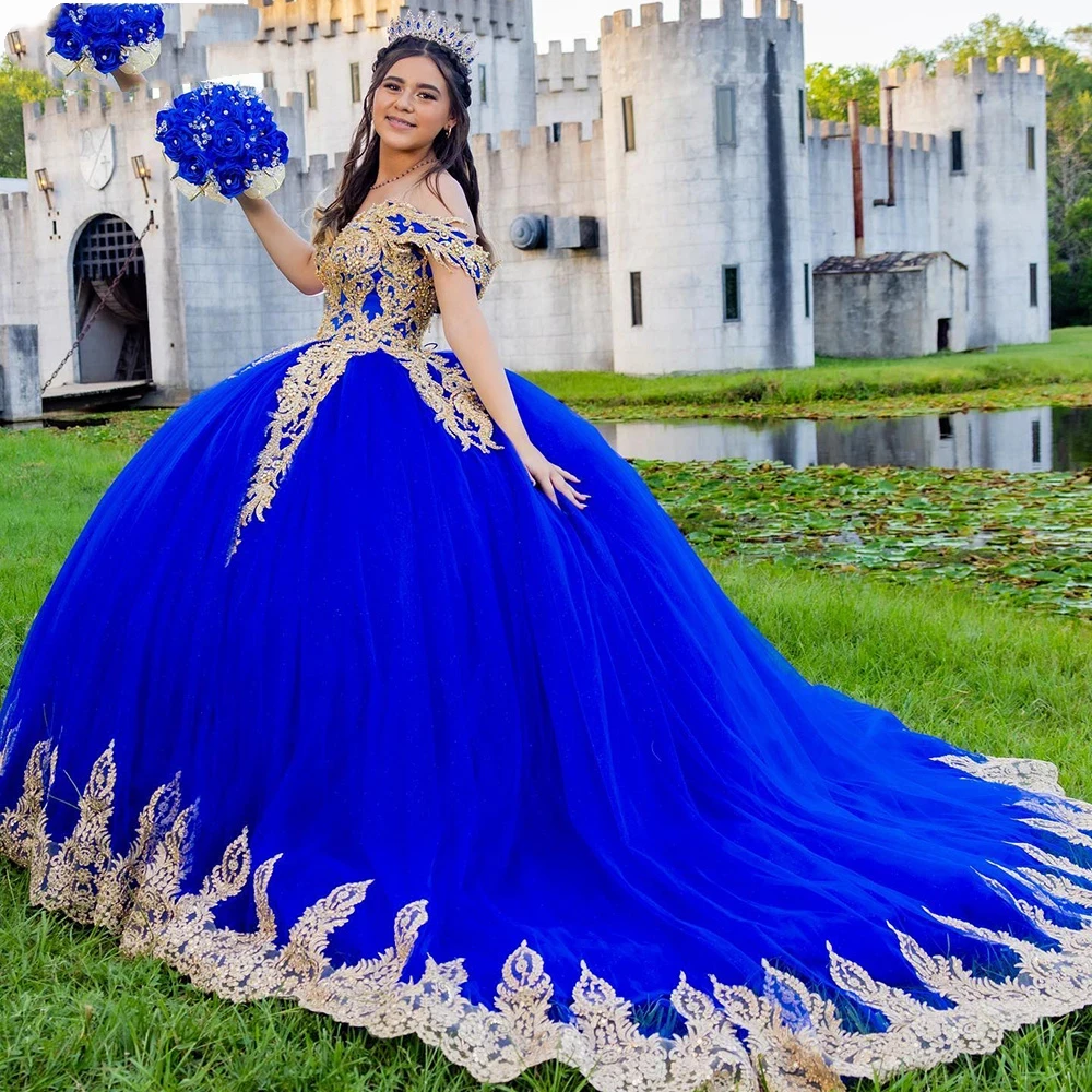 Royal Blue Beading Ball Gown Quinceanera Dresses Gold Appliques Lace Corset Off Shoulder Floor Length Vestidos De 15 Años 2024