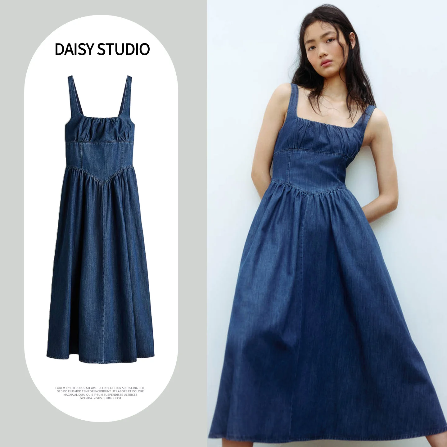 

Весна 2026: Новое женское джинсовое платье миди с квадратным вырезом на молнии, без рукавов, с расклешенным подолом, в повседневном стиле, из полиэстера