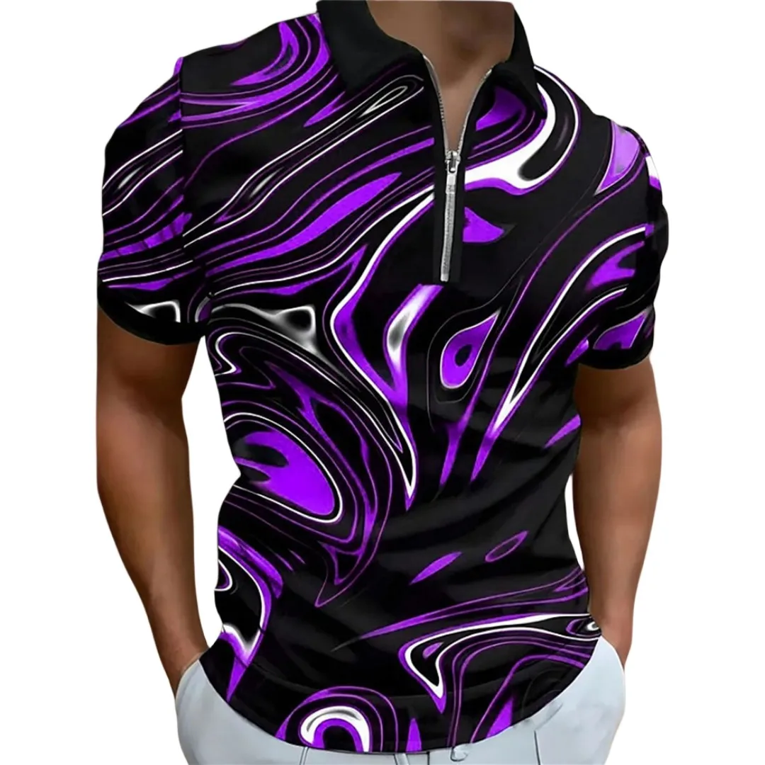 Polo con cremallera y estampado 3D abstracto de ilusión óptica para hombre, ropa de calle de uso diario al aire libre, camisas de poliéster de manga